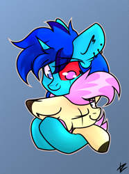 Size: 1769x2376 | Tagged: safe, artist:tz055, oc, oc only, oc:mariashek, oc:tz055, earth pony, pony, unicorn, commission, cute, duo, hug, ych result