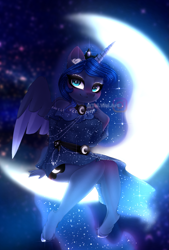 Size: 1353x2000 | Tagged: safe, artist:taiweiart, princess luna, alicorn, anthro, unguligrade anthro, g4, blurry background, blushing, colored ear fluff, crescent moon, ear fluff, ethereal mane, female, horn, instagram watermark, looking at you, mare, moon, moon eyes, night, night sky, night sky background, partially open wings, pointing at self, sitting, sky, sky background, smiling, smiling at you, solo, starry dress, starry mane, starry tail, tail, tangible heavenly object, unicorn horn, unshorn fetlocks, watermark, wings