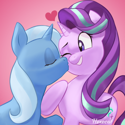 Size: 2500x2500 | Tagged: safe, artist:hexecat, starlight glimmer, trixie, pony, unicorn, g4, duo, duo female, eyebrows, eyes closed, female, gradient background, grin, heart, high res, kissing, lesbian, mare, one eye closed, ship:startrix, shipping, signature, smiling