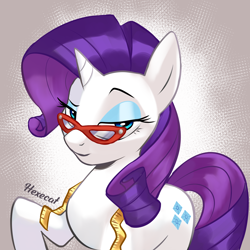 Size: 2500x2500 | Tagged: safe, artist:hexecat, rarity, pony, unicorn, g4, colored, eyebrows, female, glasses, gradient background, high res, horn, lidded eyes, looking at you, mare, measuring tape, raised hoof, rarity's glasses, solo