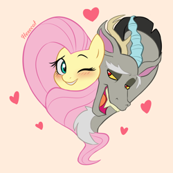 Size: 2500x2500 | Tagged: safe, artist:hexecat, discord, fluttershy, draconequus, pegasus, pony, g4, blushing, duo, duo male and female, eyebrows, female, grin, heart, heart shaped, high res, looking at each other, looking at someone, male, mare, one eye closed, open mouth, open smile, ship:discoshy, shipping, signature, simple background, smiling, smiling at each other, straight, tan background, wink