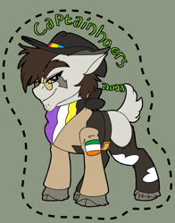 Size: 1257x1600 | Tagged: safe, artist:brainiac, oc, oc:gote, goat, badge, con badge, harmonycon, ireland, irish flag, male, national flag, nonbinary pride flag, pansexual pride flag, pride, pride flag, solo, text