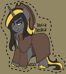 Size: 1428x1600 | Tagged: safe, artist:brainiac, oc, oc:knick knack, pony, unicorn, badge, con badge, harmonycon, male, solo, stallion, text