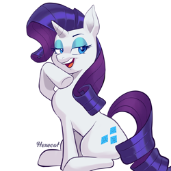 Size: 3000x3000 | Tagged: safe, artist:hexecat, rarity, pony, unicorn, g4, bedroom eyes, eyebrows, eyeshadow, female, high res, looking at you, makeup, mare, open mouth, open smile, raised hoof, signature, simple background, sitting, smiling, smiling at you, solo, white background