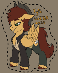 Size: 1287x1600 | Tagged: safe, artist:brainiac, oc, oc:type writer, pegasus, pony, badge, con badge, harmonycon, male, solo, text