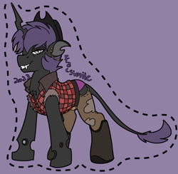 Size: 1641x1600 | Tagged: safe, artist:brainiac, oc, oc:facsimile, changeling, badge, con badge, harmonycon, male, purple changeling, solo, text