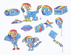 Size: 1280x988 | Tagged: safe, artist:spaton37, rainbow dash, balloon pony, dragon, griffon, human, inflatable pony, pegasus, g4, ball, balloon, cube, cube pony, disc, dragonified, female, fishcake, flattened, griffonized, humanized, kite, mare, morph ball, paper airplane, rainball, rainbow dragon, rainbow griffon, shape change, species swap, stars, traditional art, transformation, ufo, winged humanization, wings