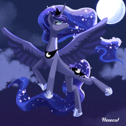 Size: 3000x3000 | Tagged: safe, artist:hexecat, princess luna, alicorn, pony, g4, cloud, crown, female, flying, high res, hoof shoes, jewelry, lidded eyes, looking up, mare, moon, night, peytral, regalia, signature, smiling, solo, spread wings, wings