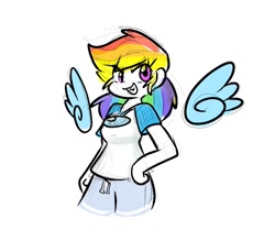 Size: 1005x842 | Tagged: safe, artist:zutcha, rainbow dash, human, g4, amogus, among us, female, floating wings, grin, hand on hip, humanized, meme, simple background, smiling, solo, white background, winged humanization, wings
