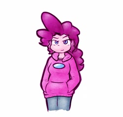 Size: 923x877 | Tagged: safe, artist:zutcha, pinkie pie, human, g4, amogus, among us, clothes, female, hand in pocket, hoodie, humanized, meme, simple background, smiling, solo, white background