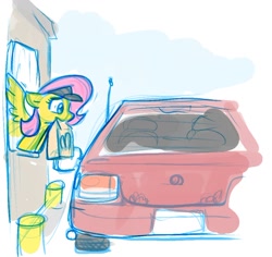 Size: 894x845 | Tagged: safe, artist:zutcha, fluttershy, pegasus, pony, g4, bag, car, drive thru, female, mare, mcdonald's, mouth hold, paper bag, sketch, solo, spread wings, visor cap, wings