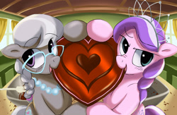 Size: 3072x2004 | Tagged: safe, artist:neoshrek, diamond tiara, silver spoon, earth pony, pony, g4, braid, chocolate, duo, food, glasses, heart, hearts and hooves day, high res, holding, jewelry, necklace, tiara
