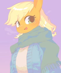 Size: 1713x2048 | Tagged: safe, artist:cheesesauce_45, applejack, earth pony, anthro, g4, clothes, cute, female, jackabetes, mare, open mouth, open smile, purple background, scarf, simple background, smiling, solo