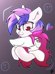 Size: 1769x2376 | Tagged: safe, artist:tz055, oc, oc only, oc:annie berryheart, oc:ellie berryheart, earth pony, pony, unicorn, commission, cute, duo, hug, one eye closed, ych result