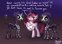 Size: 3018x2147 | Tagged: safe, artist:princessfaeron, oc, oc:miracle, pony, unicorn, bone, female, high res, magic, mare, necromancy, skeleton