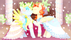 Size: 3932x2212 | Tagged: safe, artist:princessfaeron, oc, oc only, alicorn, pegasus, pony, clothes, dress, duo, female, high res, kiss on the lips, kissing, lesbian, mare, oc x oc, shipping, wedding dress