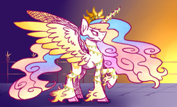 Size: 2367x1439 | Tagged: safe, artist:princessfaeron, princess celestia, alicorn, pony, g4, jewelry, redesign, solo, unshorn fetlocks