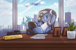 Size: 2700x1800 | Tagged: safe, artist:thescornfulreptilian, oc, oc only, oc:cloudy contrail, pegasus, pony, airship, chair, eye clipping through hair, eyebrows, eyebrows visible through hair, female, high res, hooves behind head, leaning back, looking at you, mare, office chair, paper, pegasus oc, pen, sitting, smiling, smiling at you, solo, statue of liberty, wings