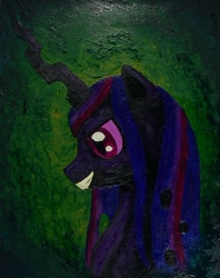 Size: 614x775 | Tagged: safe, artist:bladespark, twilight sparkle, changeling, changeling queen, fanfic:hard reset, fanfic:the reign of queen twilight sparkle, g4, changelingified, fanfic art, grin, photo, smiling, solo, species swap, twiling