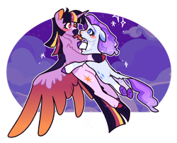 Size: 1280x1033 | Tagged: safe, artist:queerhorses, rarity, twilight sparkle, alicorn, pony, unicorn, g4, blushing, cloven hooves, colored wings, female, floppy ears, flying, gradient wings, lesbian, looking into each others eyes, mare, ship:rarilight, shipping, simple background, sparkles, spread wings, transparent background, twilight sparkle (alicorn), wings