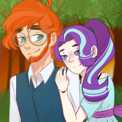 Size: 2250x2250 | Tagged: safe, artist:writtenheart, starlight glimmer, sunburst, human, g4, colored pupils, date, duo, female, high res, hug, humanized, looking at each other, looking at someone, male, ship:starburst, shipping, smiling, smiling at each other, straight