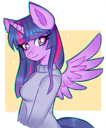 Size: 1653x2000 | Tagged: safe, artist:puffyrin, twilight sparkle, alicorn, anthro, g4, chromatic aberration, clothes, female, simple background, solo, sweater, twilight sparkle (alicorn), white background, white pupils