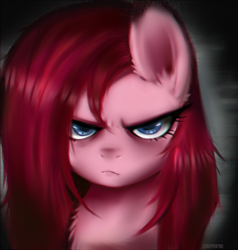 Size: 1239x1300 | Tagged: safe, artist:puffyrin, pinkie pie, earth pony, pony, g4, angry, bust, frown, pinkamena diane pie, solo