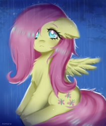 Size: 1200x1425 | Tagged: safe, artist:puffyrin, fluttershy, pegasus, pony, g4, floppy ears, rain, sitting, solo, wet, white pupils