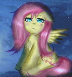 Size: 1000x1077 | Tagged: safe, artist:puffyrin, fluttershy, pegasus, pony, g4, floppy ears, old art, rain, sitting, solo, wet