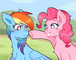 Size: 2000x1595 | Tagged: safe, artist:puffyrin, pinkie pie, rainbow dash, earth pony, pegasus, pony, g4, testing testing 1-2-3, blushing, boop, cute, dashabetes, diapinkes, duo, looking at each other, looking at someone, scene interpretation, sparkles, white pupils