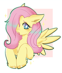 Size: 1500x1781 | Tagged: safe, artist:puffyrin, fluttershy, pegasus, pony, g4, bust, chest fluff, female, hair over one eye, looking at you, mare, open mouth, passepartout, solo, sparkles, spread wings, three quarter view, white pupils, wings