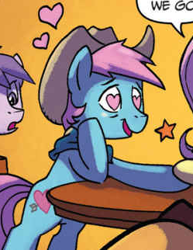 Size: 249x322 | Tagged: safe, artist:tony fleecs, idw, official comic, cotton love, jacaranda, lavender blossom, earth pony, pony, from the shadows, g4, spoiler:comic, spoiler:comic51, comic, cowboy hat, cute, hat, heart, heart eyes, male, stallion, wingding eyes