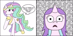 Size: 4000x2000 | Tagged: safe, princess celestia, oc, alicorn, pony, unicorn, g4, 2 panel comic, comic, simple background, white background