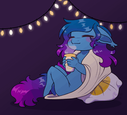 Size: 1100x1000 | Tagged: safe, artist:purplegrim40, oc, oc only, bat pony, anthro, unguligrade anthro, animated, blanket, chibi, chocolate, christmas, christmas lights, commission, ear flick, eyes closed, female, floppy ears, food, gif, holiday, hot chocolate, nudity, pillow, solo, string lights, ych result