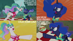 Size: 2000x1125 | Tagged: safe, edit, edited screencap, editor:quoterific, screencap, princess celestia, princess luna, alicorn, pony, between dark and dawn, g4, abstract background, angry, argument, basket, celestia is not amused, clothes, ethereal mane, ethereal tail, eyes closed, faic, female, food, hawaiian shirt, luna is not amused, mare, motion lines, open mouth, picnic basket, picnic blanket, pointing, ponytail, royal sisters, sandwich, shirt, siblings, sisters, sparkles, tail, traditional royal canterlot voice, unamused, yelling