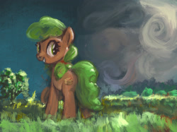 Size: 2732x2048 | Tagged: safe, artist:mandumustbasukanemen, apple brown betty, earth pony, pony, g4, apple family member, cloud, female, field, high res, looking back, mare, scenery, smiling, solo