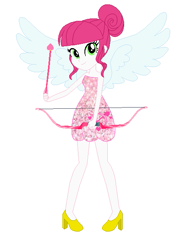 Size: 487x623 | Tagged: safe, artist:leahrow, artist:selenaede, lovestruck, human, equestria girls, g4, angelic wings, arrow, bare shoulders, base used, bow (weapon), clothes, cutie mark on clothes, dress, equestria girls style, equestria girls-ified, hair bun, high heels, looking at you, pink dress, recolor, shoes, simple background, sleeveless, smiling, solo, strapless, white background, wings