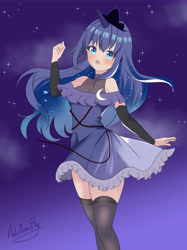 Size: 8517x11384 | Tagged: safe, artist:adrimikurg, princess luna, human, g4, blushing, clothes, crown, cute, dress, eyeshadow, female, horn, horned humanization, humanized, jewelry, lunabetes, makeup, night, open mouth, regalia, solo, stars
