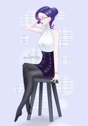 Size: 746x1071 | Tagged: safe, artist:milinafoxy, rarity, human, g4, alternate hairstyle, bracelet, clothes, ear piercing, earring, eyeshadow, female, glasses, humanized, jewelry, lipstick, makeup, piercing, shirt, sitting, skirt, solo, stocking feet, stool