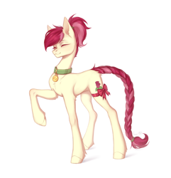 Size: 2700x2800 | Tagged: safe, artist:miurimau, roseluck, earth pony, pony, g4, braid, collar, commission, commissioner:doom9454, cute, high res, pet tag, pony pet, ponytail, ribbon, rosepet, simple background, solo, white background