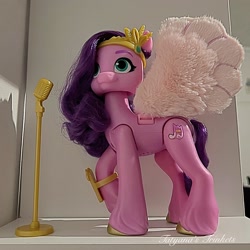 Size: 2048x2048 | Tagged: safe, pipp petals, pegasus, pony, g5, belly, cellphone, concave belly, from below, high res, irl, microphone, phone, photo, raised hoof, singing star princess petals, smartphone, solo, toy