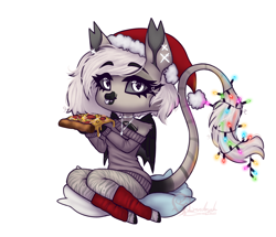 Size: 2670x2301 | Tagged: safe, artist:glanderyuk, oc, oc only, oc:devilvoice, bat pony, semi-anthro, :p, arm hooves, bat pony oc, christmas, christmas lights, ear piercing, food, heart, high res, holiday, jewelry, necklace, piercing, pizza, simple background, solo, tongue out, white background