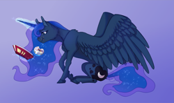 Size: 3543x2116 | Tagged: safe, artist:kefirvorob, princess luna, alicorn, pony, g4, concave belly, donut, female, food, glowing, glowing horn, gradient background, high res, horn, magic, mare, reading, solo, telekinesis