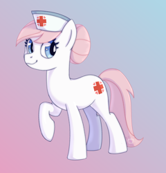 Size: 2112x2203 | Tagged: safe, artist:kefirvorob, nurse redheart, earth pony, pony, g4, female, gradient background, high res, raised hoof, smiling, solo