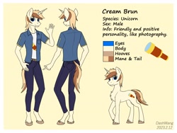 Size: 3000x2250 | Tagged: safe, artist:dash wang, oc, oc:cream brun, pony, unicorn, anthro, anthro oc, anthro with ponies, clothes, cutie mark, hand, high res, horn, male, reference sheet, unicorn oc