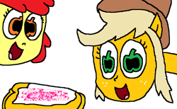 Size: 1095x676 | Tagged: safe, artist:mixopolischannel, apple bloom, applejack, earth pony, pony, g4, duo, food, pie, simple background, white background