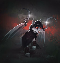 Size: 2874x3000 | Tagged: safe, artist:helmie-art, bat pony, pony, awesome, cloak, clothes, death (puss in boots), dreamworks, fangs, grim reaper, high res, male, ponified, puss in boots: the last wish, red eyes, shotel, shrek, sickle, simple background, solo, stallion, unshorn fetlocks
