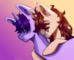 Size: 3115x2525 | Tagged: safe, artist:twivela, oc, oc only, pony, unicorn, angry, chest fluff, duo, eyebrows, female, gradient background, high res, horn, male, mare, smiling, straight