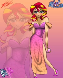 Size: 1440x1792 | Tagged: safe, artist:mlp-france-yt, sunset shimmer, human, g4, breasts, busty sunset shimmer, cleavage, clothes, dress, female, gradient background, humanized, solo, zoom layer