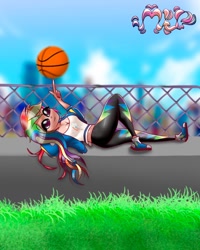 Size: 1080x1350 | Tagged: safe, artist:mlp-france-yt, rainbow dash, human, g4, basketball, female, grass, humanized, lying down, on back, solo, sports